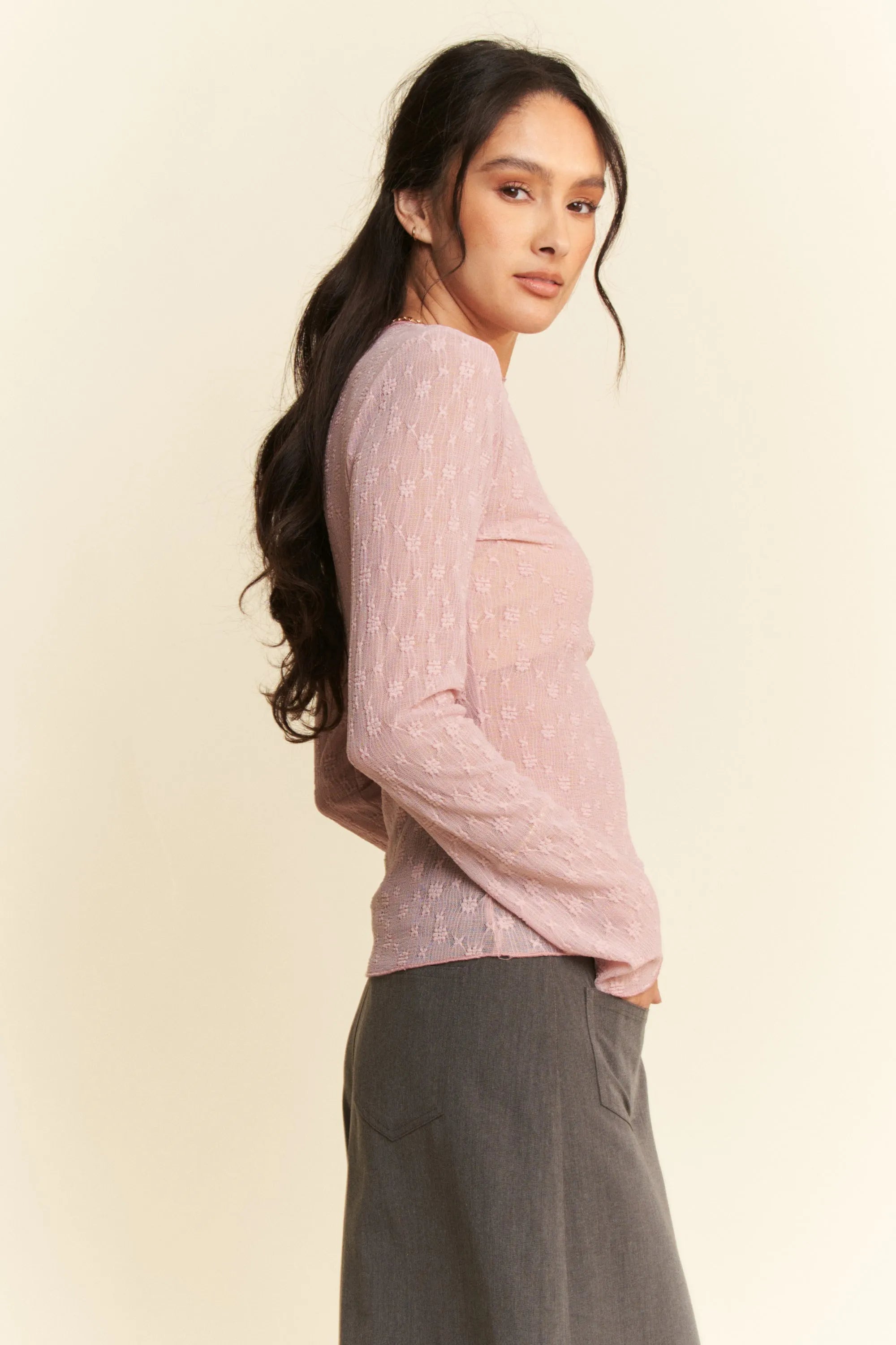Davi & Dani Long Sleeve Sheer Small Embroidered Bows Lace Top - Love Salve